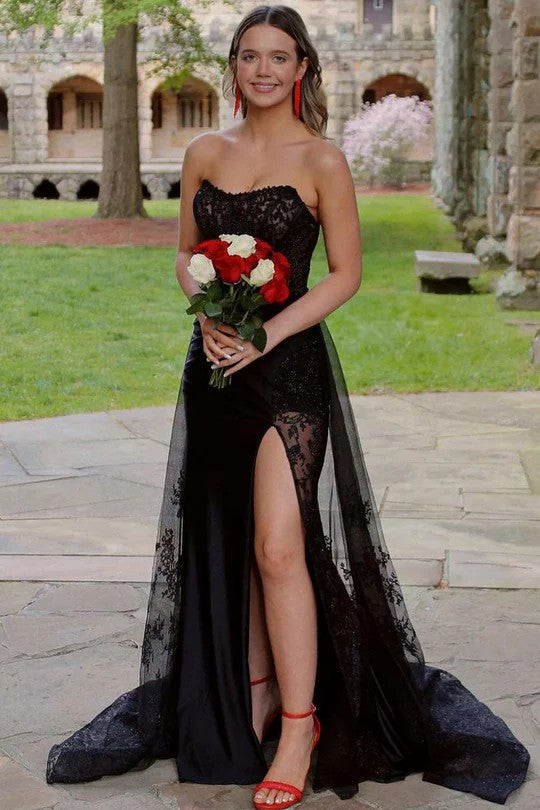 Lumidress Black Scoop Neck A-Line Applique Formal Prom Dress with Side Slit