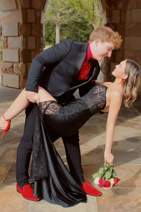 Lumidress Black Scoop Neck A-Line Applique Formal Prom Dress with Side Slit