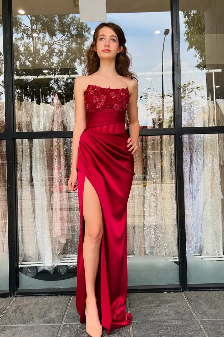 Lumidress Elegant Strapless Lace Satin Sheath Prom Dress with Side Slit