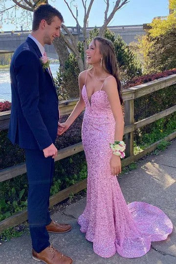 Lumidress Elegant Pink Sequin V-Neck Spaghetti Strap Long Prom Dress with Train