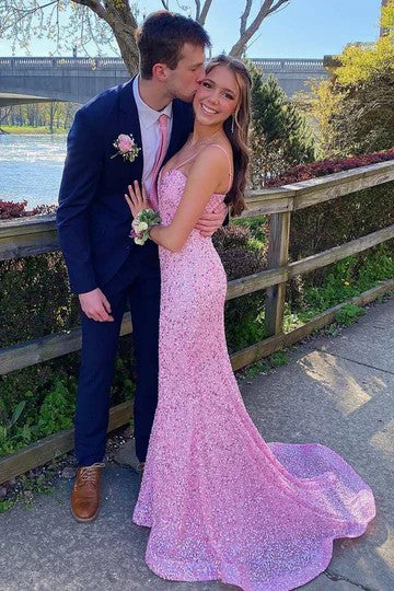 Lumidress Elegant Pink Sequin V-Neck Spaghetti Strap Long Prom Dress with Train