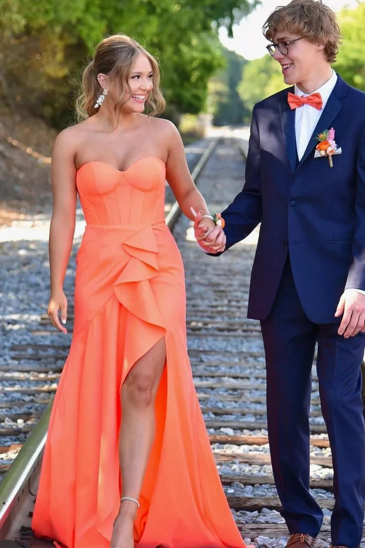 Lumidress Radiant Coral Strapless Evening Gown with Ruffle Detail and Slit