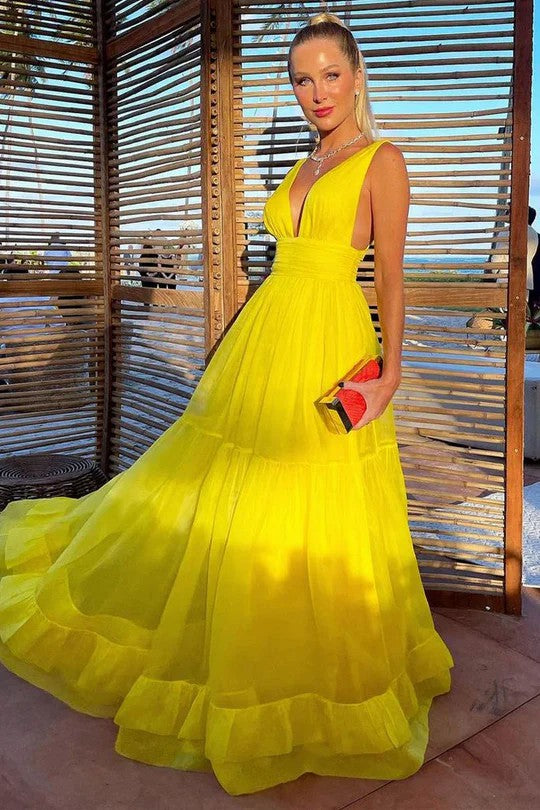 Lumidress Radiant Yellow Deep V-Neck Layered Tulle A-Line Evening Dress