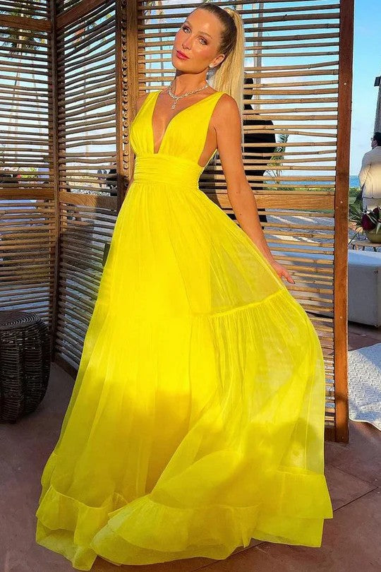 Lumidress Radiant Yellow Deep V-Neck Layered Tulle A-Line Evening Dress