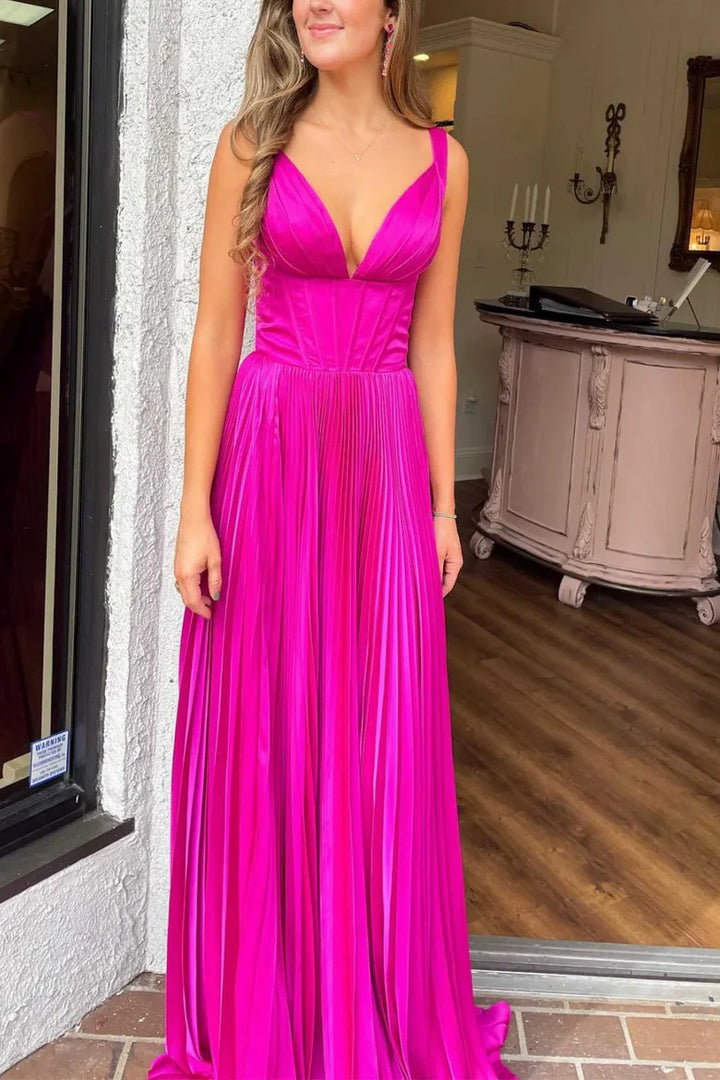 Lumidress Elegant A-Line V-Neck Empire Waist Pleated Long Prom Dress