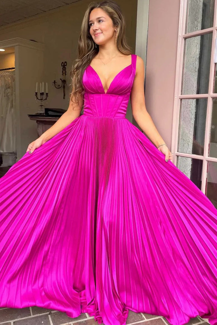 Lumidress Elegant A-Line V-Neck Empire Waist Pleated Long Prom Dress