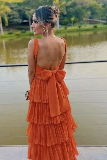 Lumidress Elegant Square-Neck Straps Sleeveless Layered Long Formal Prom Dress