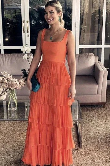 Lumidress Elegant Square-Neck Straps Sleeveless Layered Long Formal Prom Dress