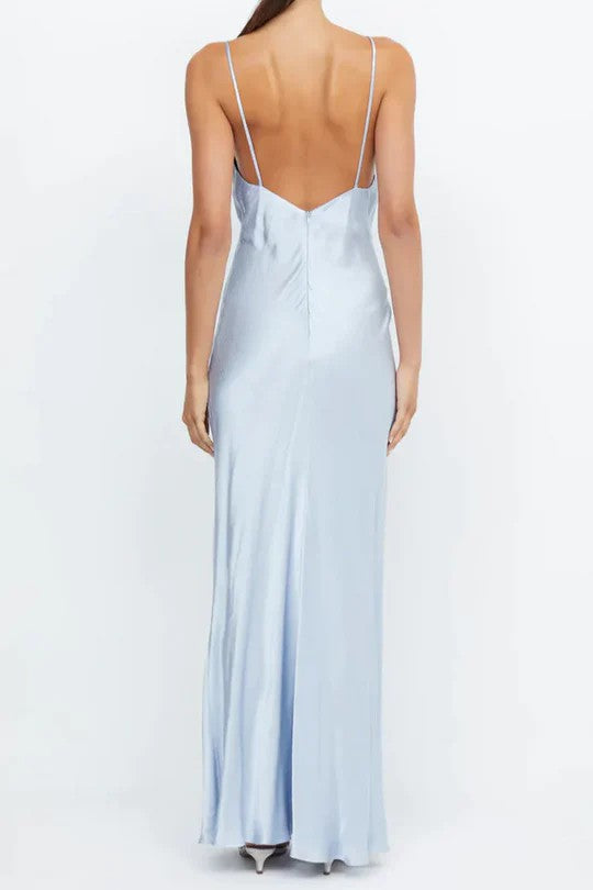 Elegant Light Blue V-Neck Satin Sheath Evening Dress with Spaghetti Straps