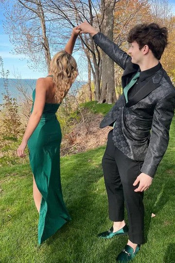 Lumidress Elegant Satin Halter V-Neck Pleated Sleeveless Long Prom Dress