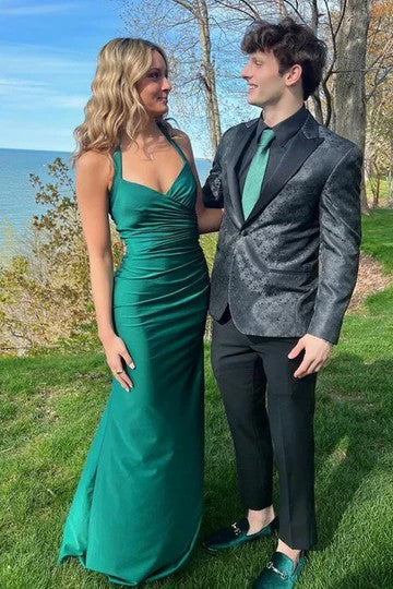 Lumidress Elegant Satin Halter V-Neck Pleated Sleeveless Long Prom Dress