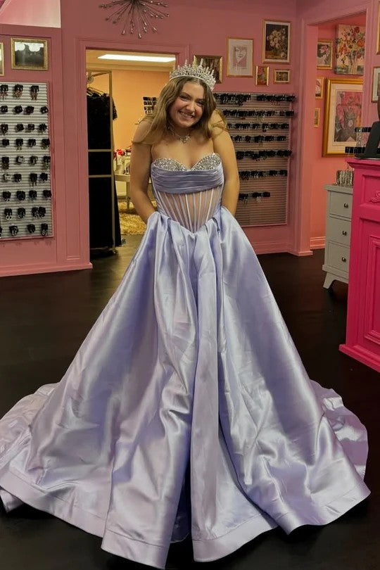 Lumidress Strapless Beaded Empire-Waist A-Line Long Prom Dress