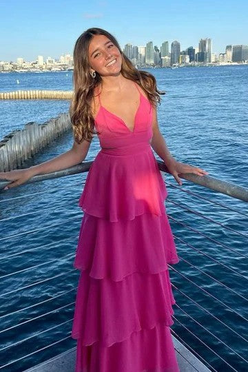 Lumidress Elegant V-Neck Spaghetti Strap Tiered Chiffon Prom Dress