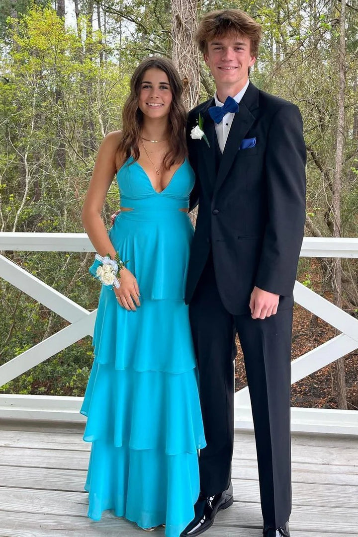 Lumidress Elegant V-Neck Spaghetti Strap Tiered Chiffon Prom Dress