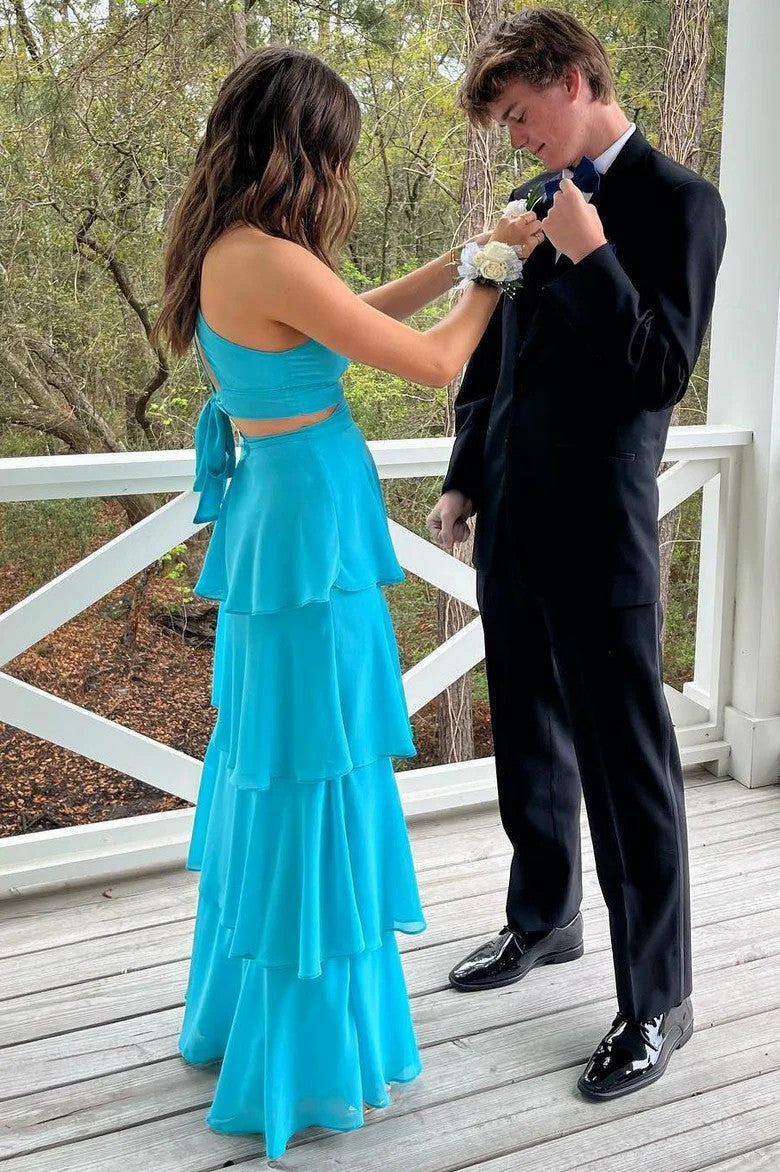 Lumidress Elegant V-Neck Spaghetti Strap Tiered Chiffon Prom Dress