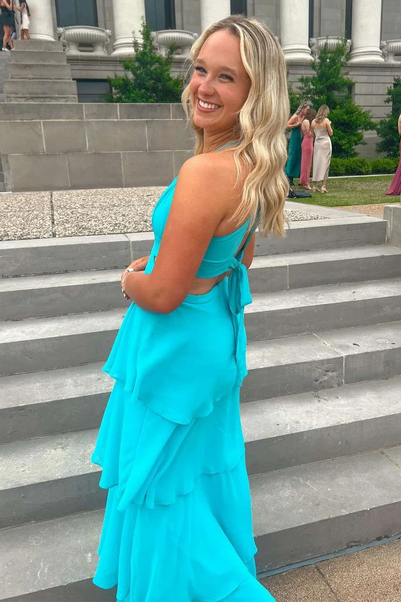 Lumidress Elegant V-Neck Spaghetti Strap Tiered Chiffon Prom Dress