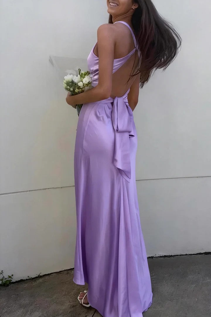 Lumidress Elegant Halter V-Neck Pleated Satin Long Prom Dress