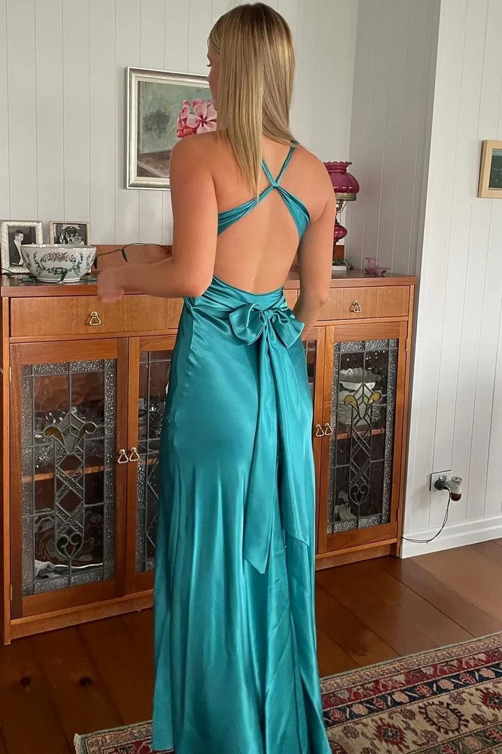 Lumidress Elegant Halter V-Neck Pleated Satin Long Prom Dress