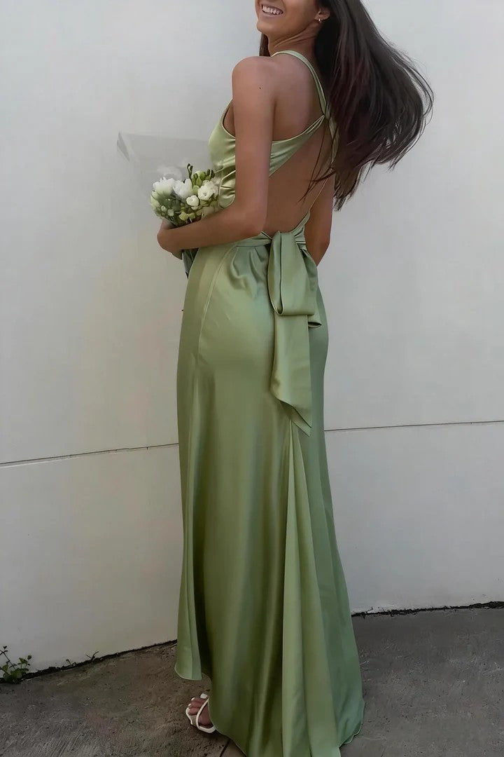 Lumidress Elegant Halter V-Neck Pleated Satin Long Prom Dress