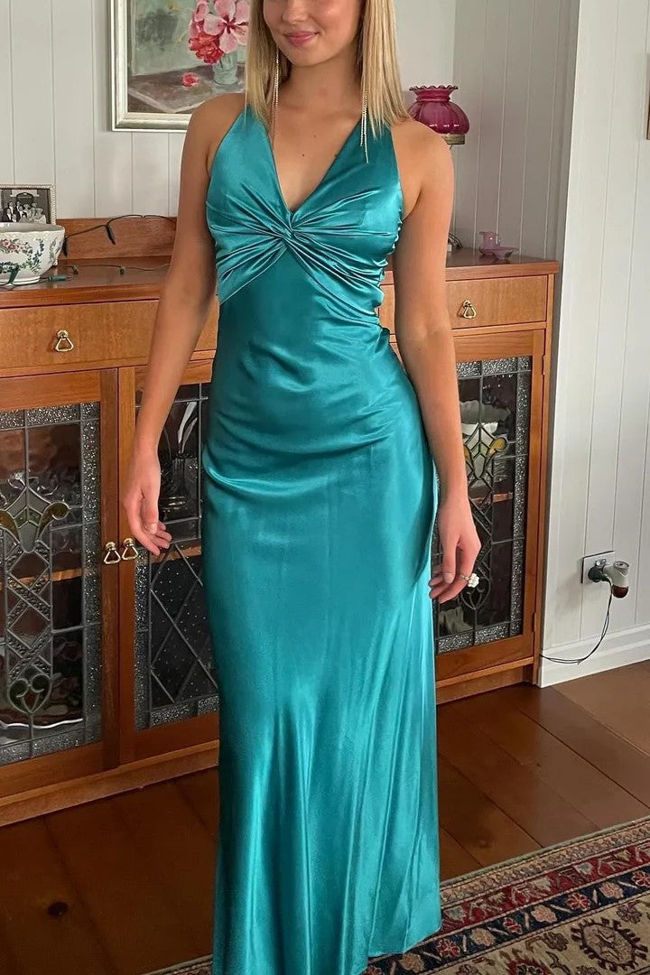 Lumidress Elegant Halter V-Neck Pleated Satin Long Prom Dress
