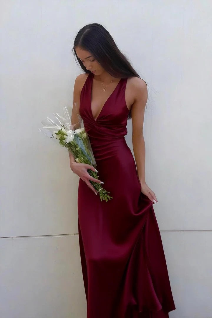 Lumidress Elegant Halter V-Neck Pleated Satin Long Prom Dress