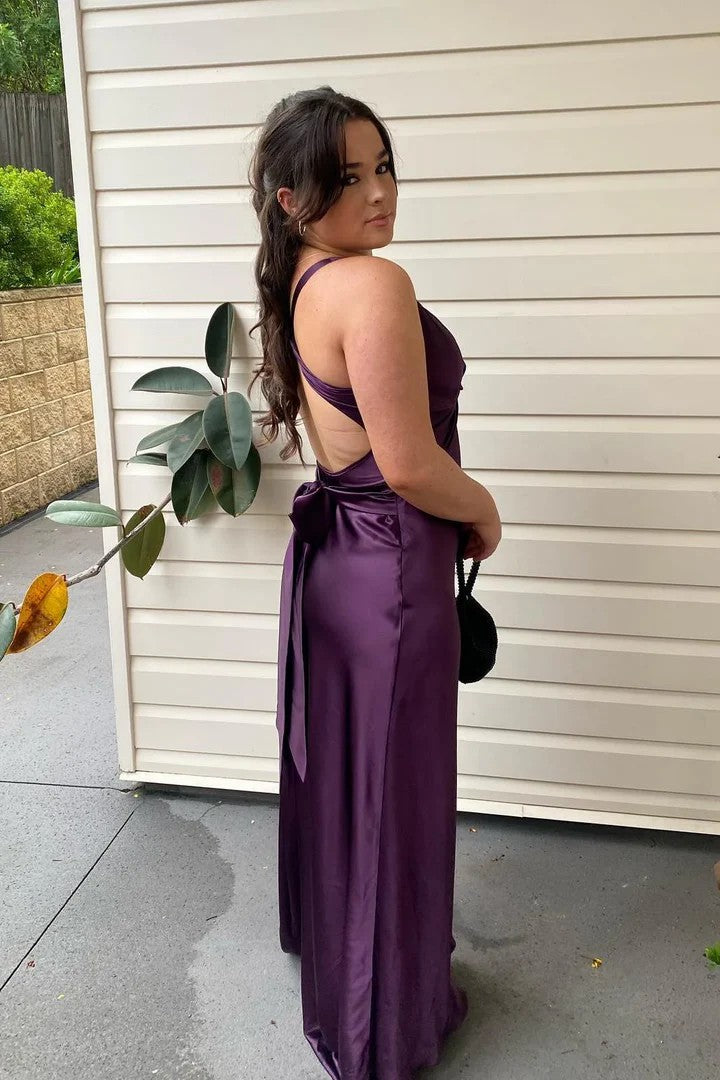 Lumidress Elegant Halter V-Neck Pleated Satin Long Prom Dress