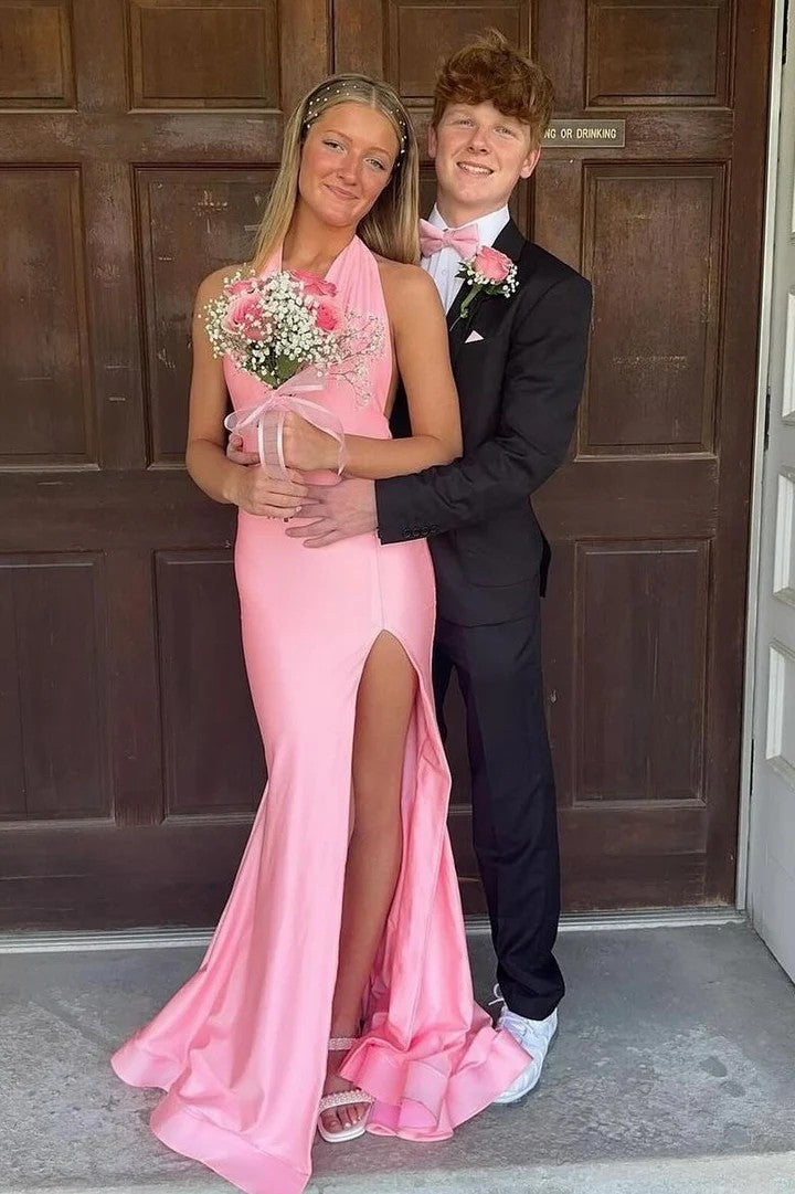 Lumidress Pink Halter Neck Pleated Satin Mermaid Prom Dress with Slit