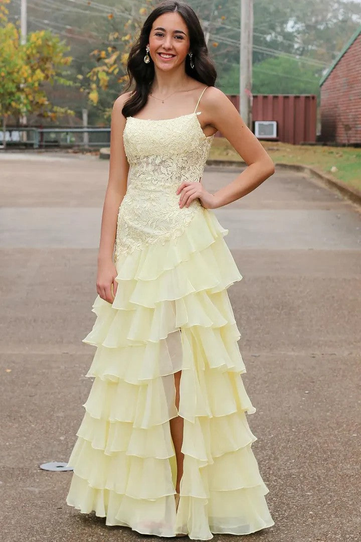 Lumidress Elegant Spaghetti Strap A-Line Chiffon Prom Dress with Appliqués &amp; Slit