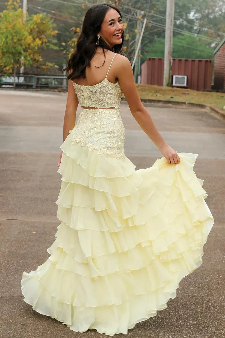 Lumidress Elegant Spaghetti Strap A-Line Chiffon Prom Dress with Appliqués &amp; Slit