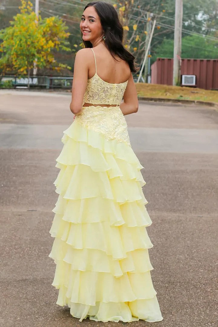 Lumidress Elegant Spaghetti Strap A-Line Chiffon Prom Dress with Appliqués &amp; Slit