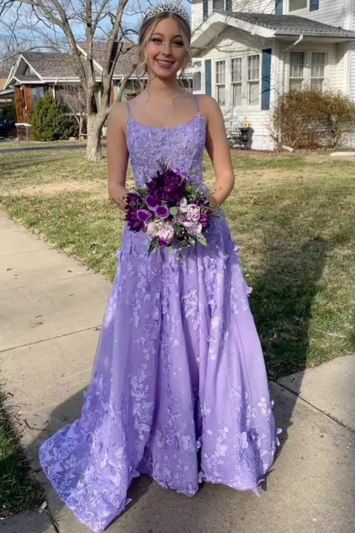 Lumidress Lavender Sleeveless A-Line Prom Gown with 3D Floral Appliques