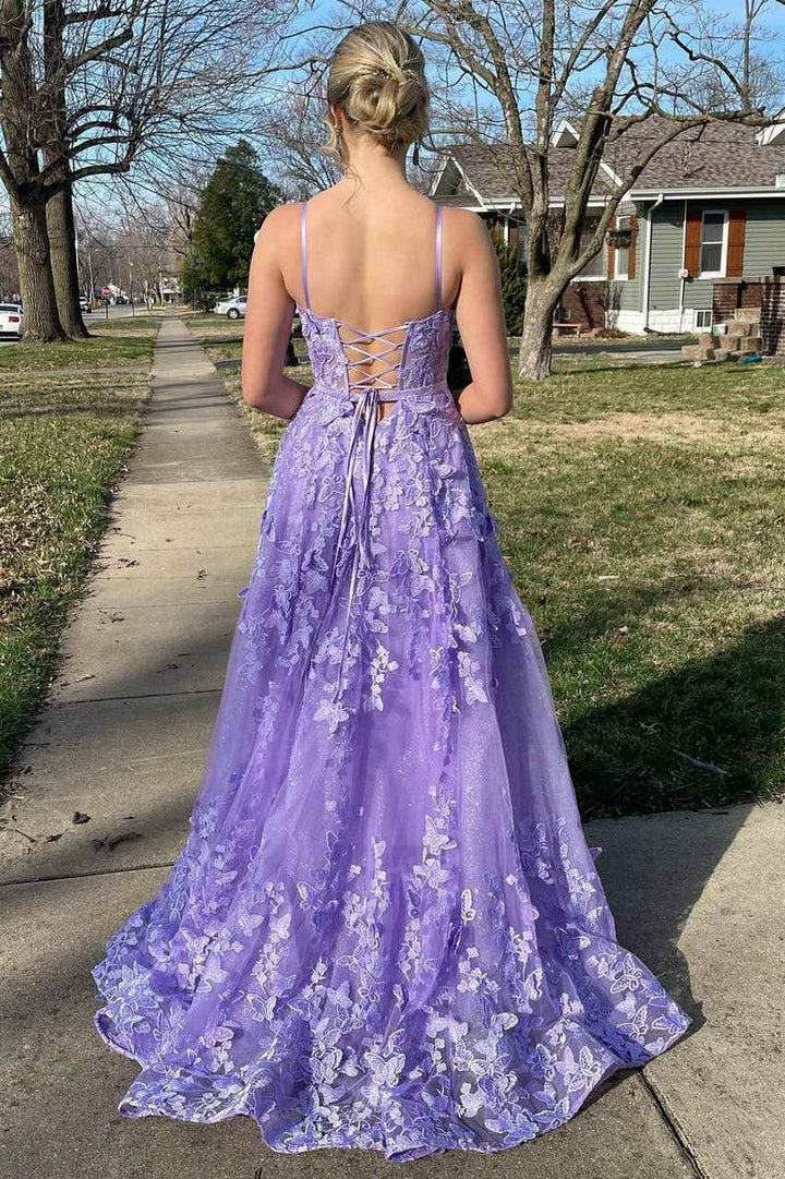 Lumidress Lavender Sleeveless A-Line Prom Gown with 3D Floral Appliques