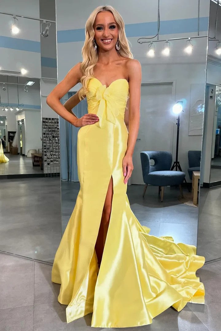 Lumidress Chic Strapless Bow Satin Mermaid Formal Prom Dress with Slit