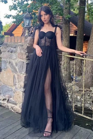 Lumidress Ethereal Black Tulle A-Line Prom Dress with Sweetheart Neck &amp; Straps