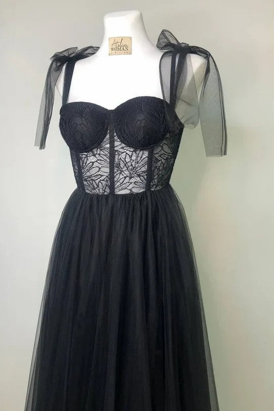 Lumidress Ethereal Black Tulle A-Line Prom Dress with Sweetheart Neck &amp; Straps