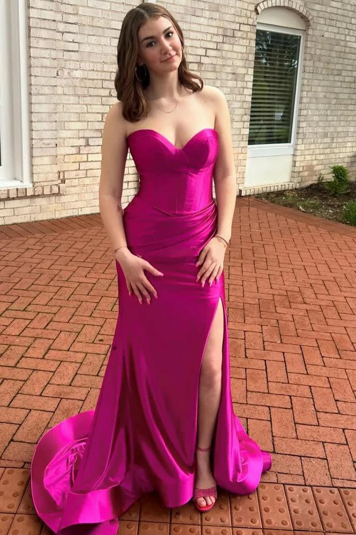 Lumidress Satin Mermaid Strapless Sweetheart Sleeveless Prom Dress with Slit