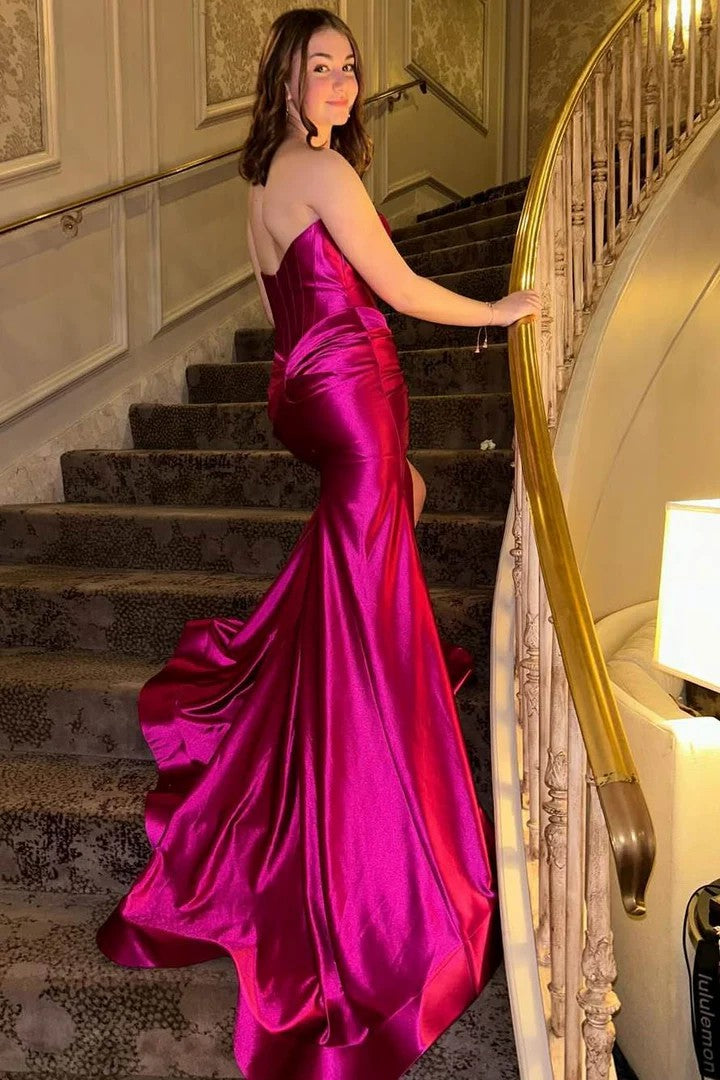 Lumidress Satin Mermaid Strapless Sweetheart Sleeveless Prom Dress with Slit