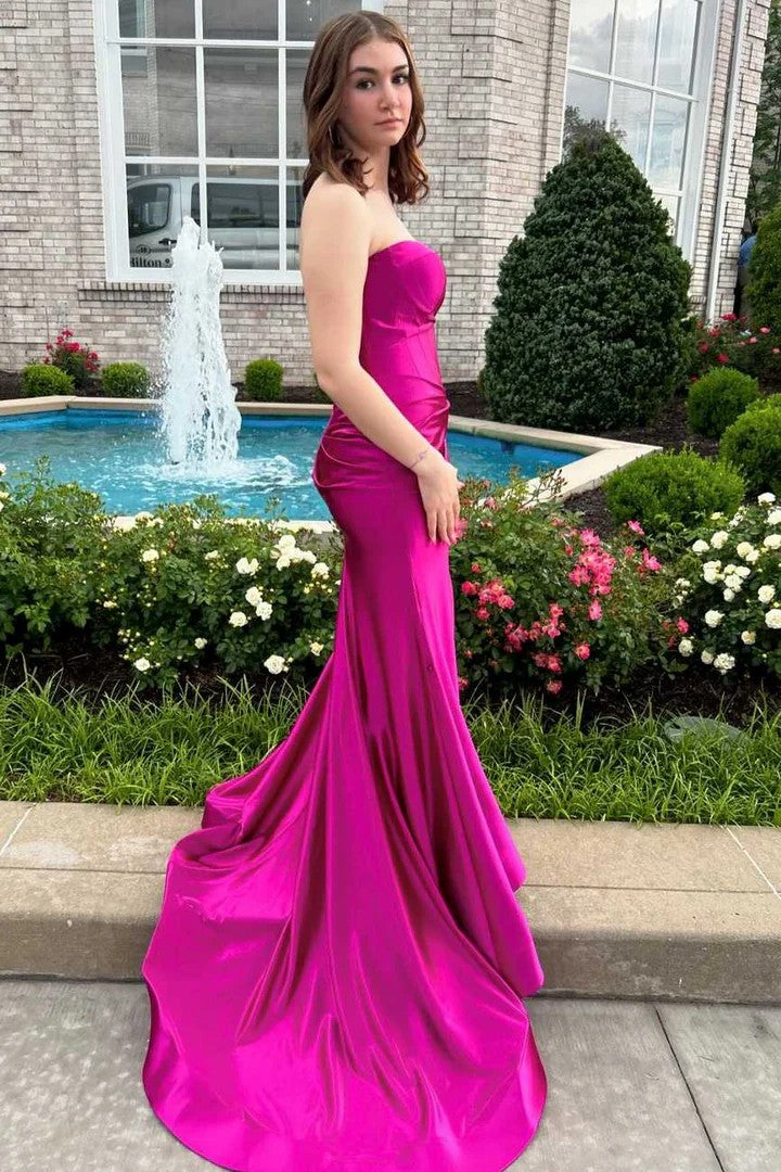 Lumidress Satin Mermaid Strapless Sweetheart Sleeveless Prom Dress with Slit