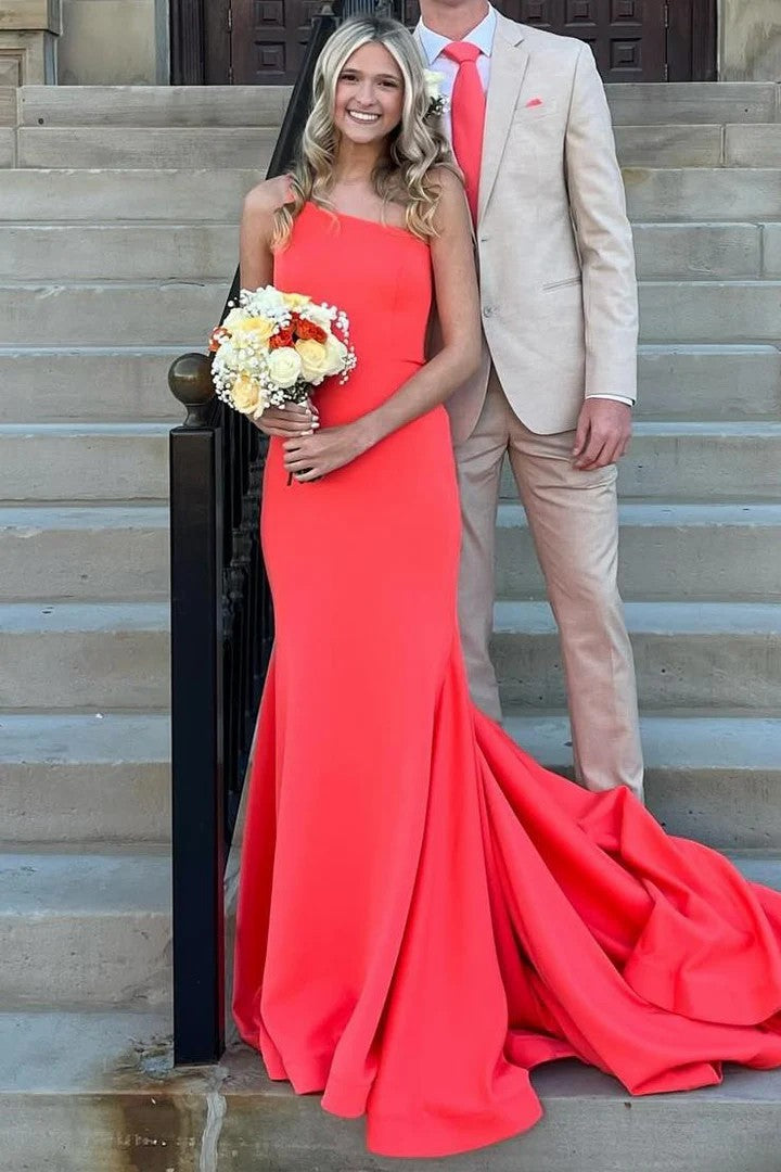 Lumidress Elegant One-Shoulder Mermaid Satin Formal Prom Dress with Sweep Train