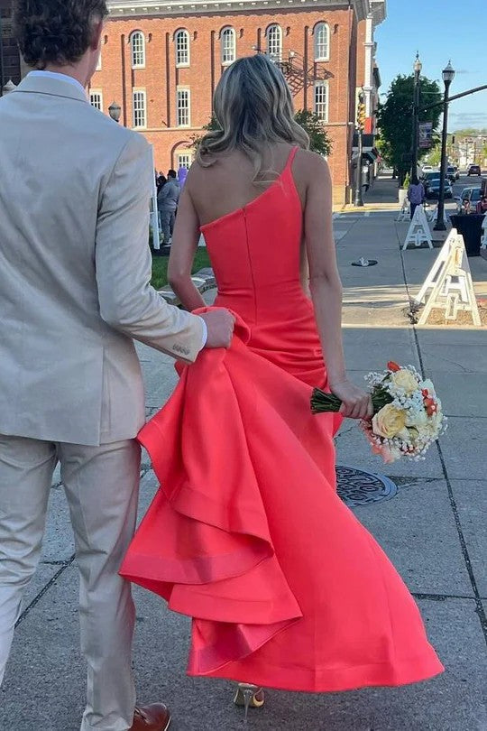 Lumidress Elegant One-Shoulder Mermaid Satin Formal Prom Dress with Sweep Train
