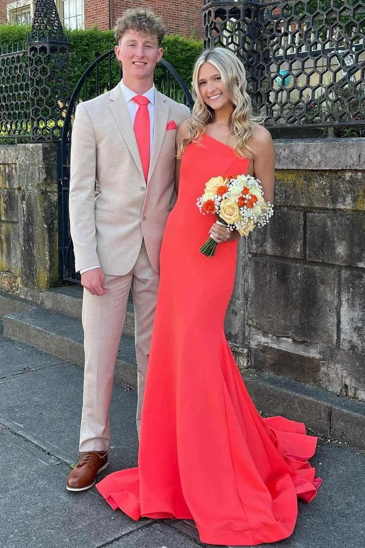 Lumidress Elegant One-Shoulder Mermaid Satin Formal Prom Dress with Sweep Train