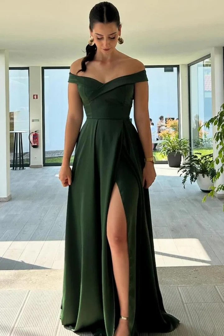 Lumidress Olive Off-Shoulder Satin A-Line Prom Dress with Slit