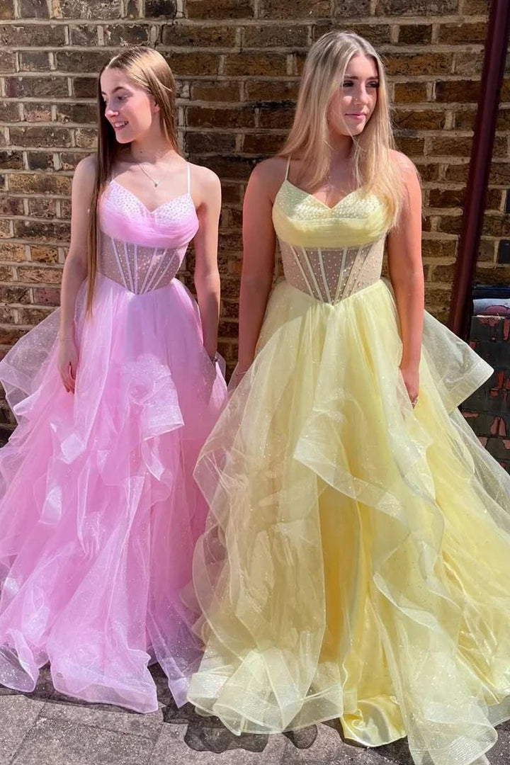 Lumidress Elegant Spaghetti Strap V-Neck Ruffled Glitter Tulle A-Line Gown