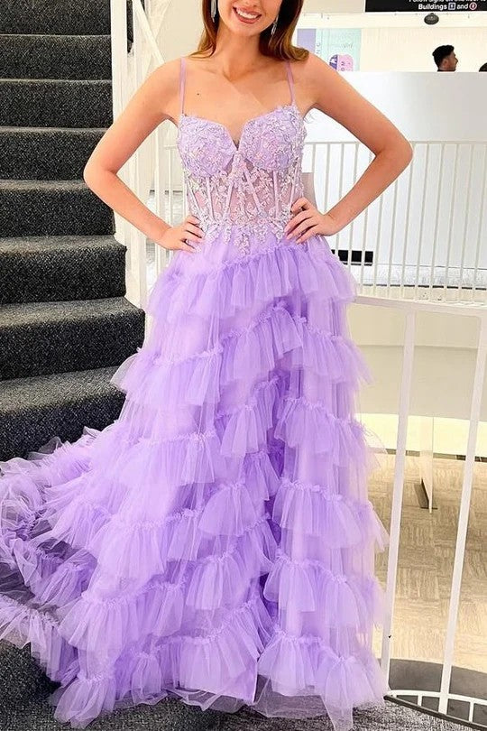 Lumidress Romantic Lavender Tiered Tulle A-Line Prom Dress with Lace Bodice