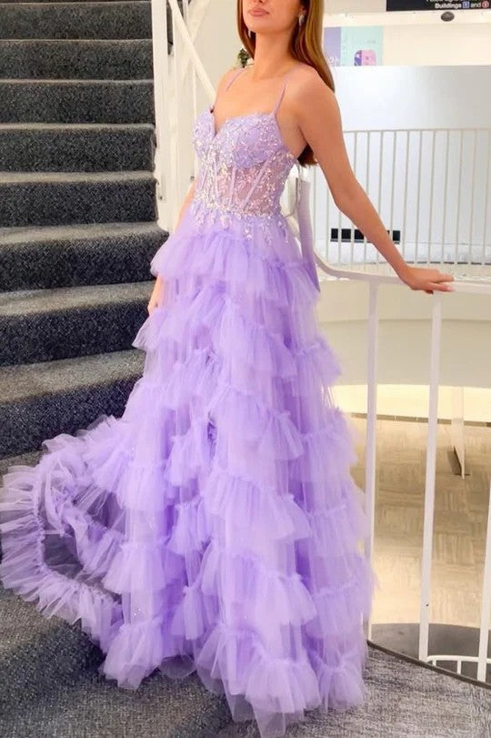 Lumidress Romantic Lavender Tiered Tulle A-Line Prom Dress with Lace Bodice