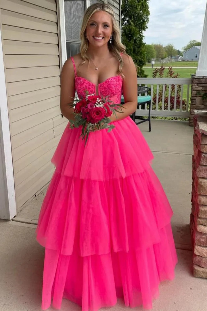 Lumidress Flowy Layered Tulle Long Prom Dress with Spaghetti Straps