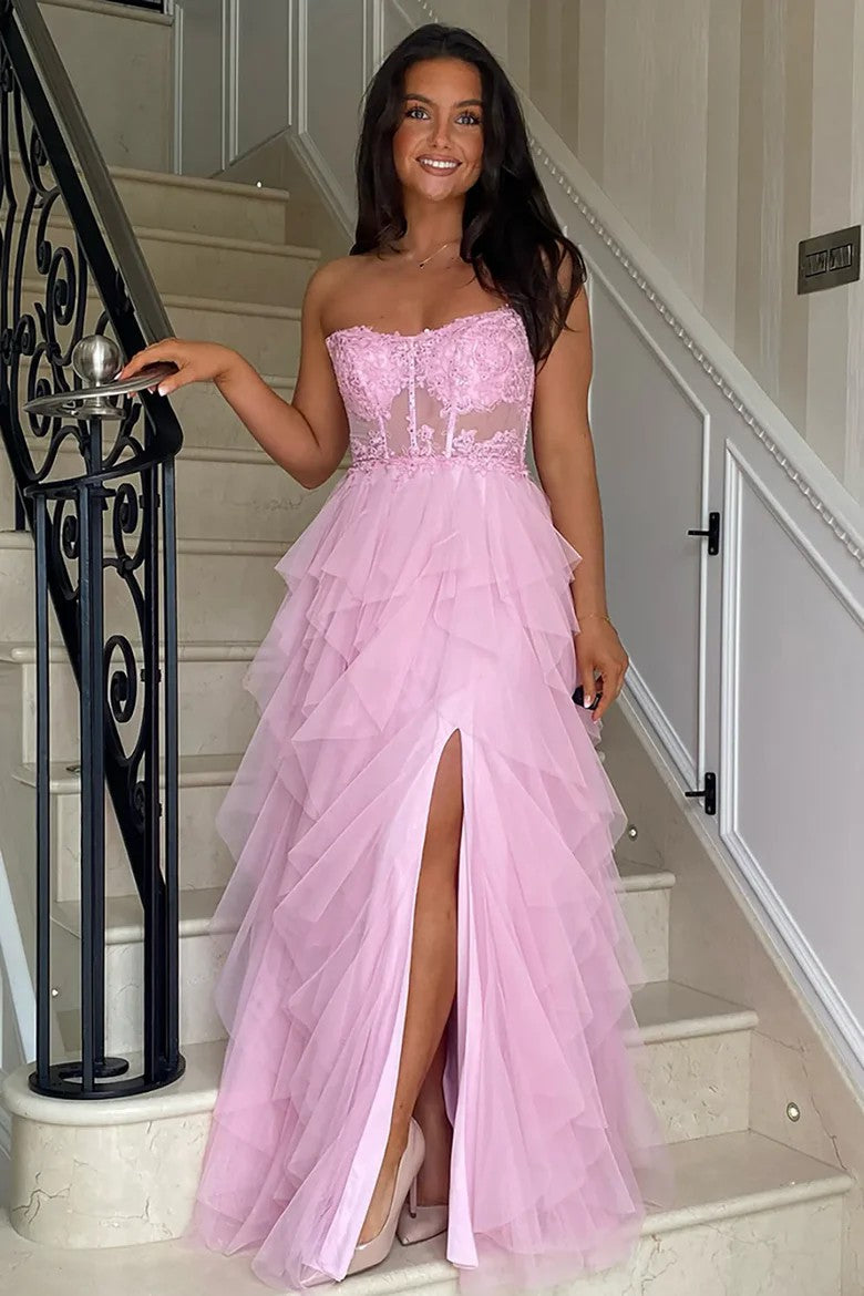 Lumidress Strapless Ball-Gown Tulle Prom Dress with Side Slit and Appliqué Details