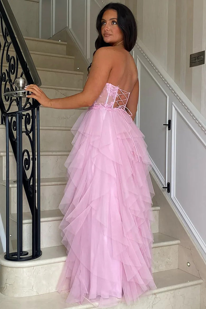 Lumidress Strapless Ball-Gown Tulle Prom Dress with Side Slit and Appliqué Details