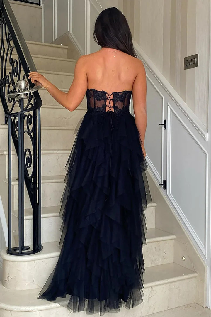 Lumidress Strapless Ball-Gown Tulle Prom Dress with Side Slit and Appliqué Details