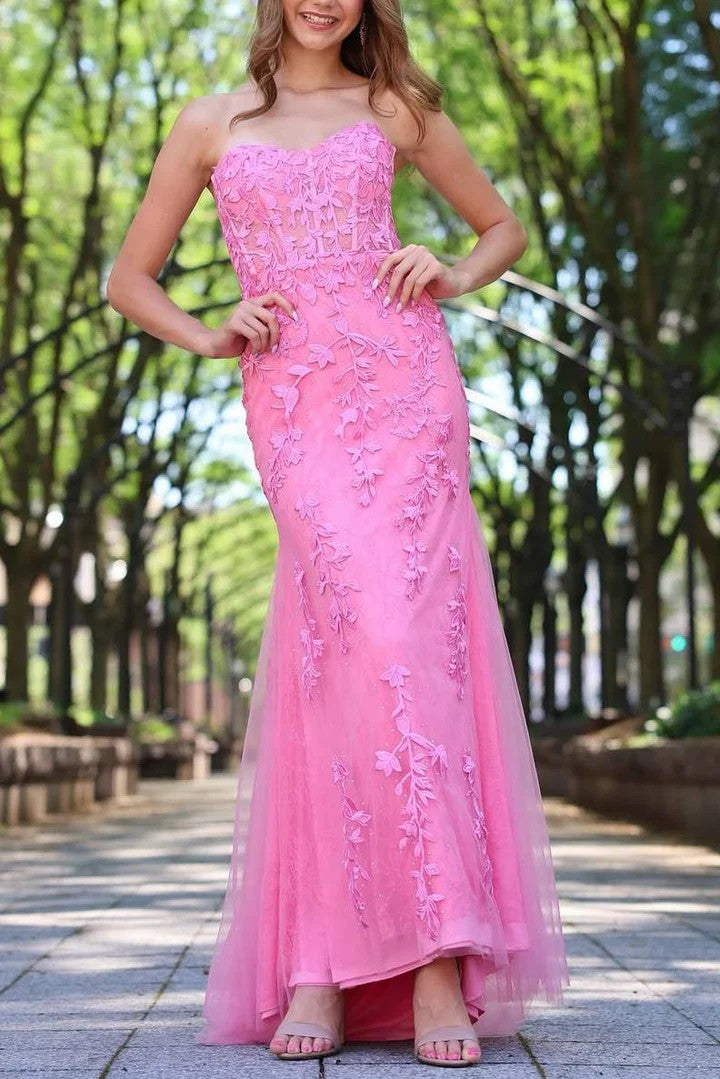 Lumidress Elegant Pink Strapless Sweetheart Lace Appliqué Mermaid Long Prom Dress